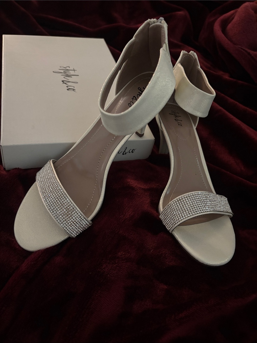 Style & Co. Ivory Ankle-Strap Heels with Rhinestone Band